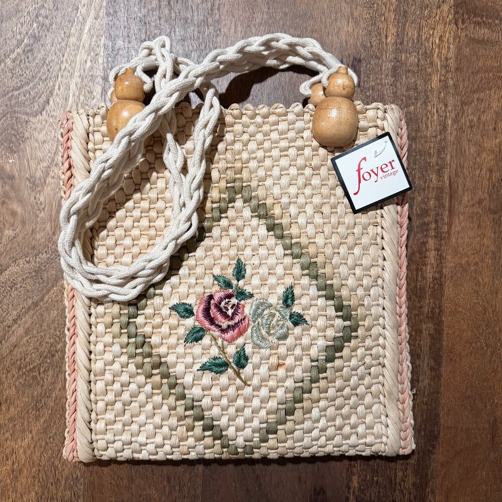 Vintage Woven Straw Shoulder Bag Floral Embroidery Rope Strap Lined Zipper Tote - Picture 4 of 8